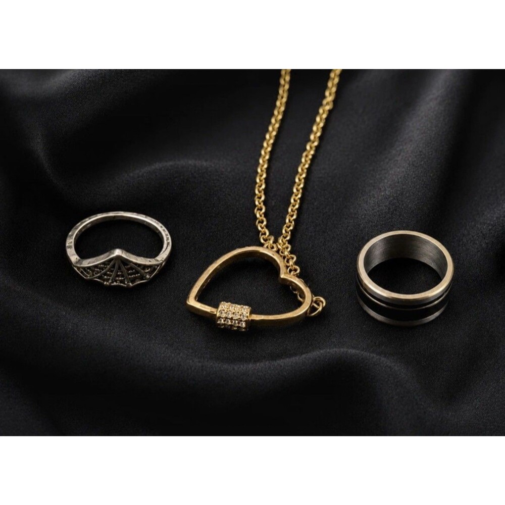 Gold & Silver Tone Heart Pendant Necklace + 2 Crystal Band Rings